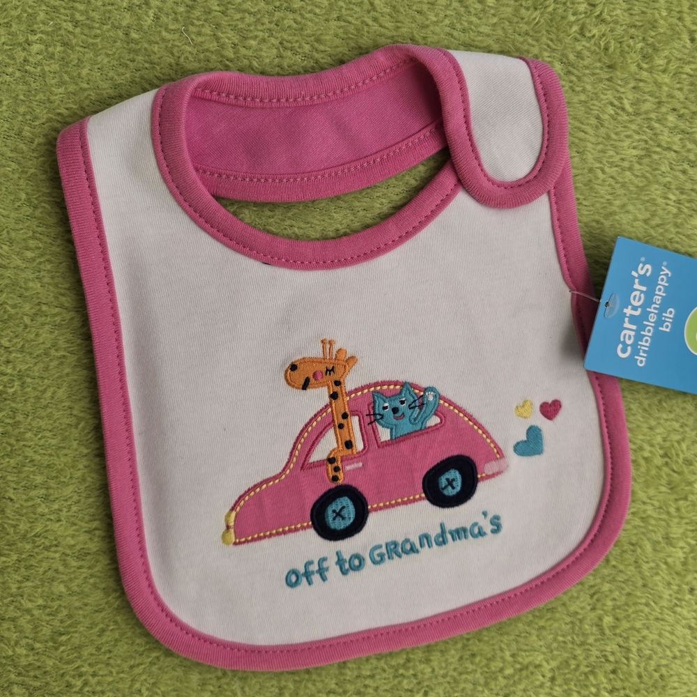 NWT  NEWBORN + Up Baby GIRLS BIB Pink White Giraffe + Cat OFF TO GRANDMA'S (M3)